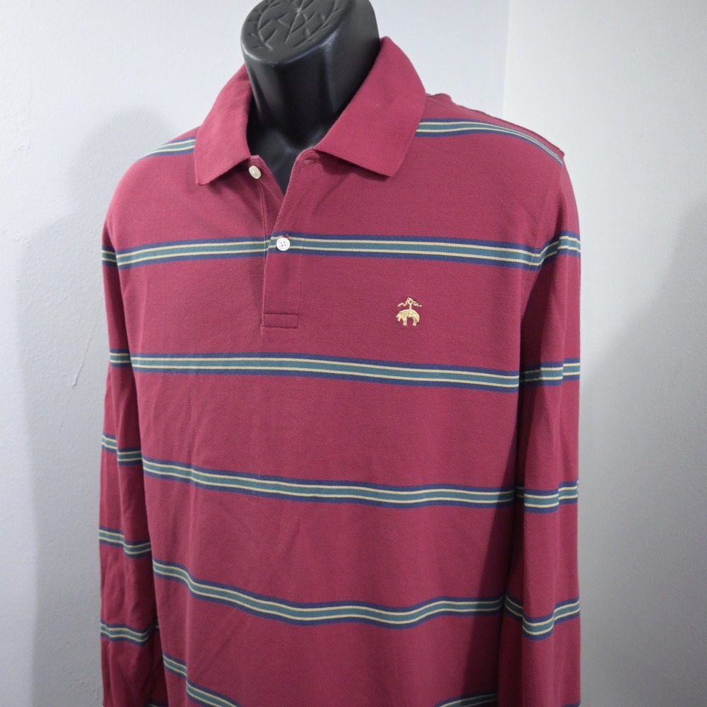Brooks Brothers Golf Polo Mens XL Original Fit Burgundy Striped Long Sleeve